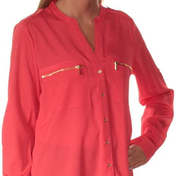 Calvin Klein Blouse Modern Essential Button Front Embellishments Long Sleeve Top - Picture 1 of 10